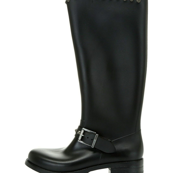 black rubber Studded Tall Rain Boots Buckle Shoes - Picture 3 of 6